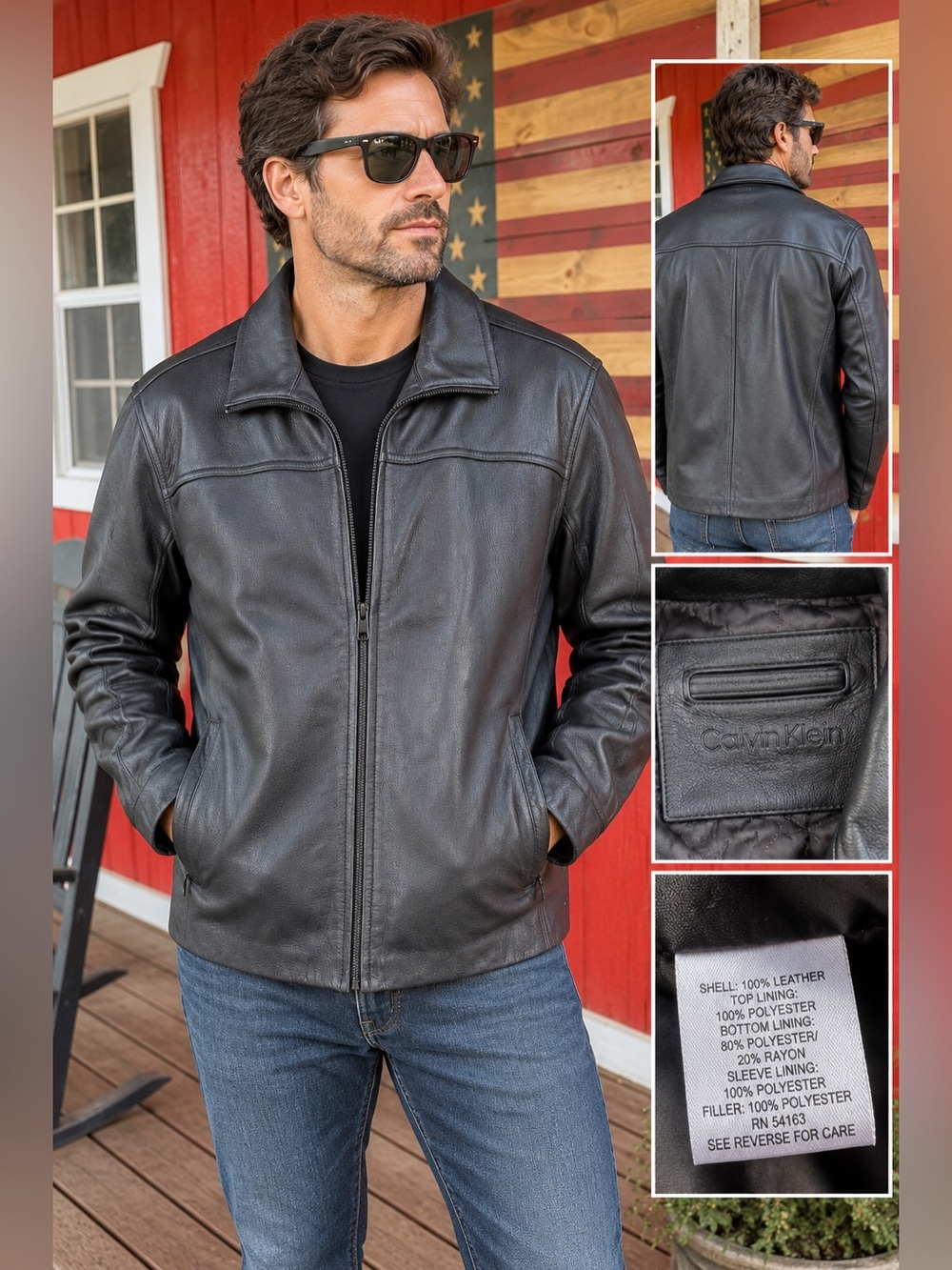 Calvin Klein Men’s Black 100% Genuine Leather Full Zip Jacket Quilted Lined